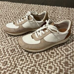 Stylish White and Tan Sneakers